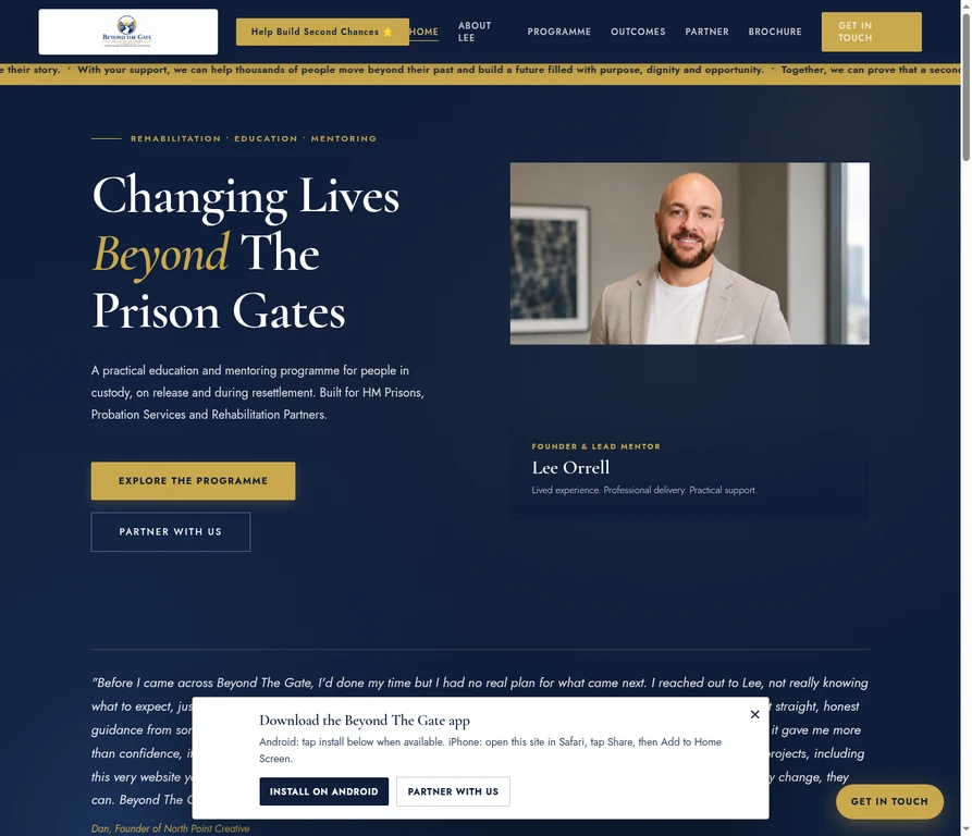 The Beyond The Gate homepage, a navy and gold site for a prison rehabilitation programme
