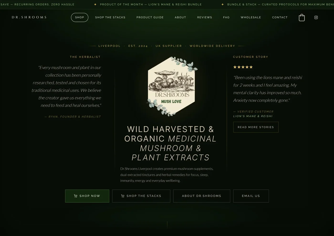 The Dr.Shrooms homepage, a dark botanical storefront for medicinal mushroom extracts