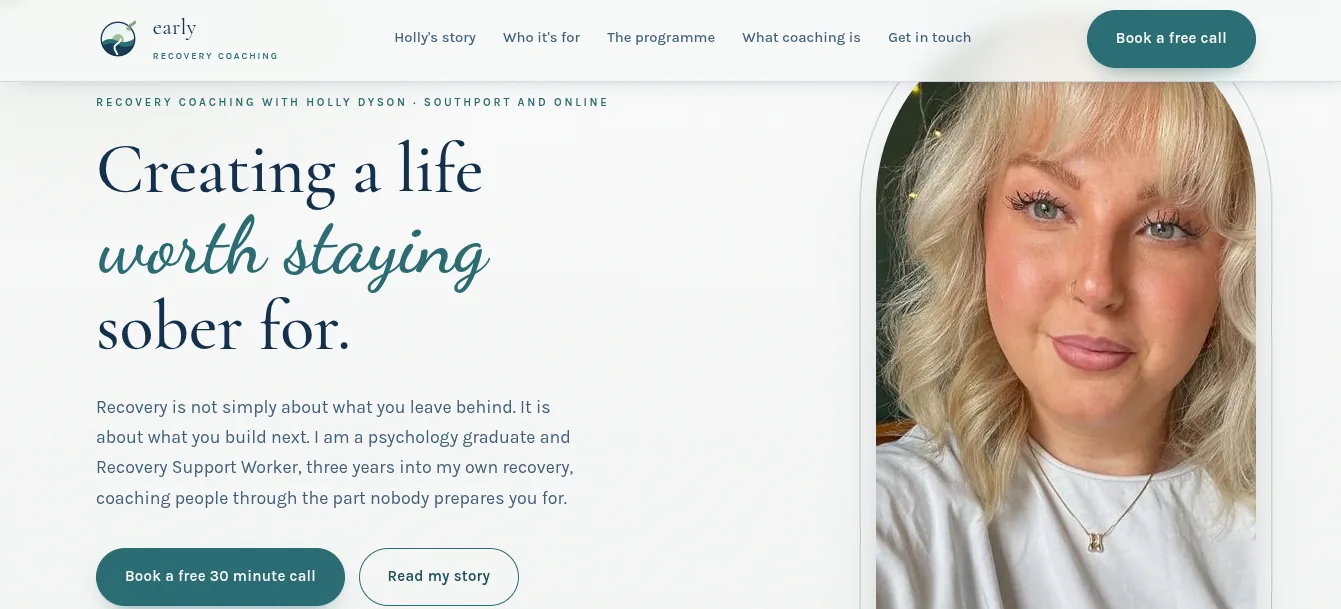The Early Recovery Coaching homepage, a warm site for a sobriety coaching practice