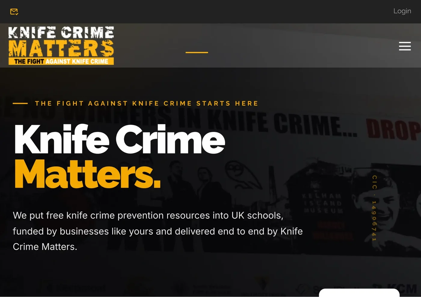 The Knife Crime Matters homepage, a bold campaign site in black and amber